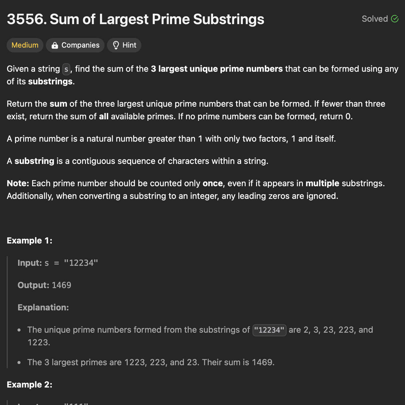LC: 3556: Sum of Largest Prime Substrings